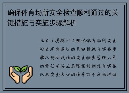 确保体育场所安全检查顺利通过的关键措施与实施步骤解析
