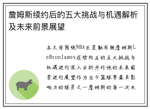 詹姆斯续约后的五大挑战与机遇解析及未来前景展望