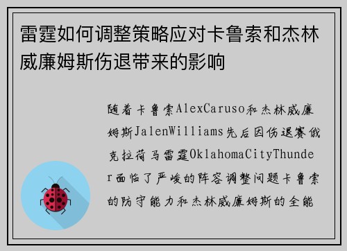 雷霆如何调整策略应对卡鲁索和杰林威廉姆斯伤退带来的影响 雷霆如何调整策略应对卡鲁索和杰林威廉姆斯伤退带来的影响