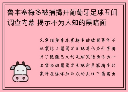鲁本塞梅多被捕揭开葡萄牙足球丑闻调查内幕 揭示不为人知的黑暗面 鲁本塞梅多被捕揭开葡萄牙足球丑闻调查内幕 揭示不为人知的黑暗面